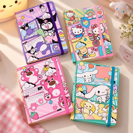 Kuromi Hello Kitty pink bear and Cinnamoroll diary notebooks with elastic bands displayed on a desk