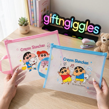 Cute Crayon Shinchan A4 Mesh File Pouch  – Transparent Zipper Organizer Bags with Handles