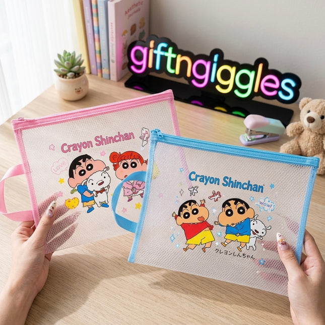 Cute Crayon Shinchan A4 Mesh File Pouch  – Transparent Zipper Organizer Bags with Handles