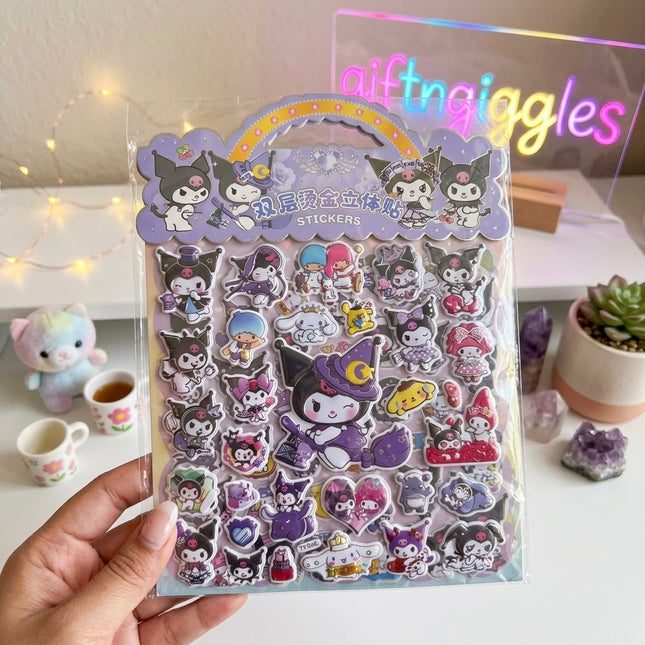 Cute Kuromi & Sanrio Friends Double-Layered 3D Puffy Sticker Sheet with Gold Foil Accents