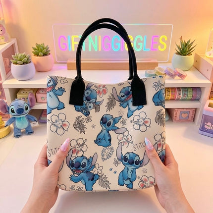 Front view of light-coloured Stitch floral tote bag with black handles and flower print