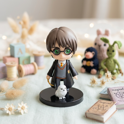 Harry Potter, Ron Weasley & Hermione Granger Mini Figure Set (3-Piece) – 10cm Chibi Action Figures with Pets & Base Stands