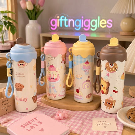 Kawaii Steel Water Bottle | Cute Dessert Print with Carry Strap