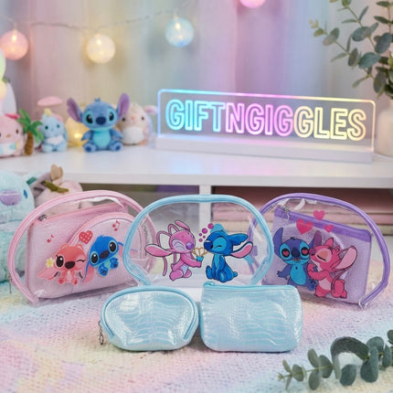 Stitch & Angel Transparent Makeup Bag Set of 3 – Waterproof Toiletry Organizer & Coin Purse
