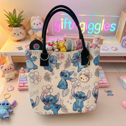 Close front view of Stitch character and floral print tote bag held at the bottom