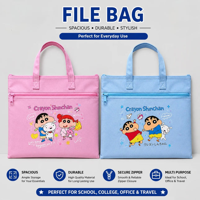Crayon Shinchan Cute Canvas File Bag – Zip Storage Document Folder Tote with Handles for School & Office