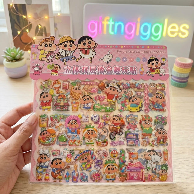 3D Double-Layer Crayon Shinchan Gold Foil Stamping Sticker Sheet for DIY Crafts & Journaling