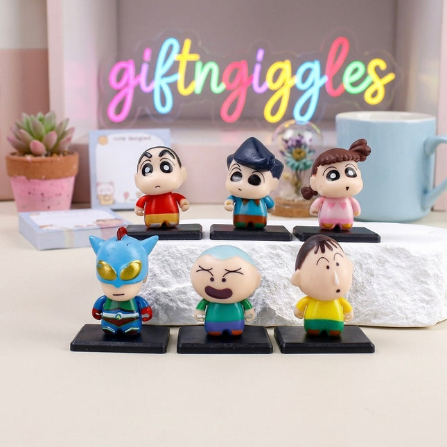 Cute Crayon Shinchan & Friends Mini Collectible Action Figure Set (6-Piece Desk & Dashboard Decor)