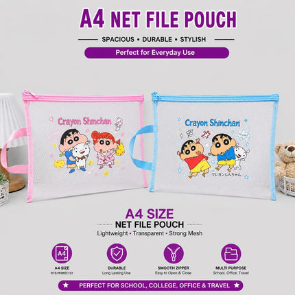 Cute Crayon Shinchan A4 Mesh File Pouch  – Transparent Zipper Organizer Bags with Handles
