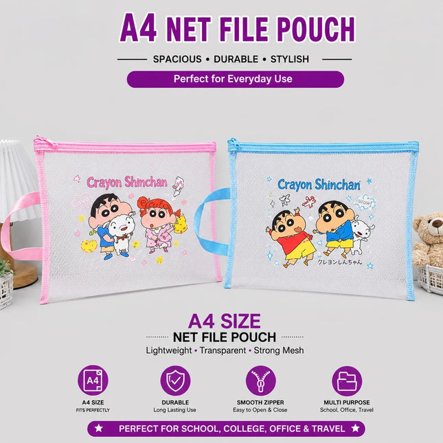 Cute Crayon Shinchan A4 Mesh File Pouch  – Transparent Zipper Organizer Bags with Handles