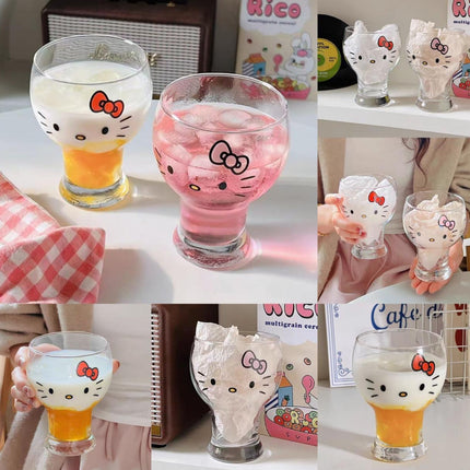 Collage showing Hello Kitty clear drinking glasses with rounded bowls and different stem proportions