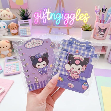 Two purple Kuromi spiral mini diaries with different character cover designs