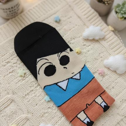 Crayon Shinchan Anime Crew Socks - Action Kamen Design - Soft Cotton - Unisex Adult One Size