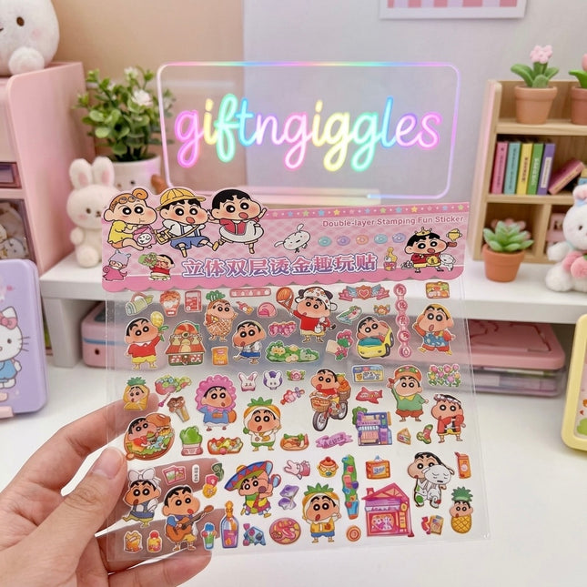 3D Double-Layer Crayon Shinchan Gold Foil Stamping Sticker Sheet for DIY Crafts & Journaling