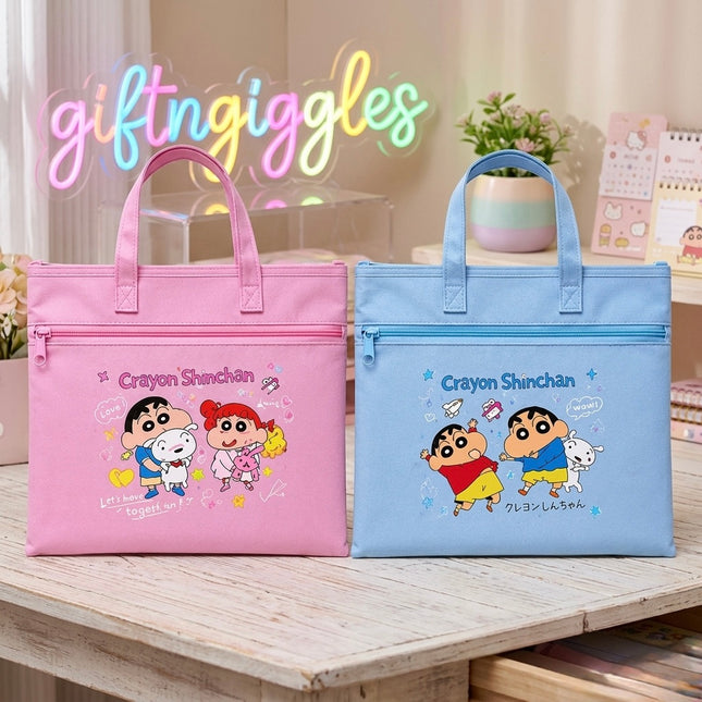 Crayon Shinchan Cute Canvas File Bag – Zip Storage Document Folder Tote with Handles for School & Office