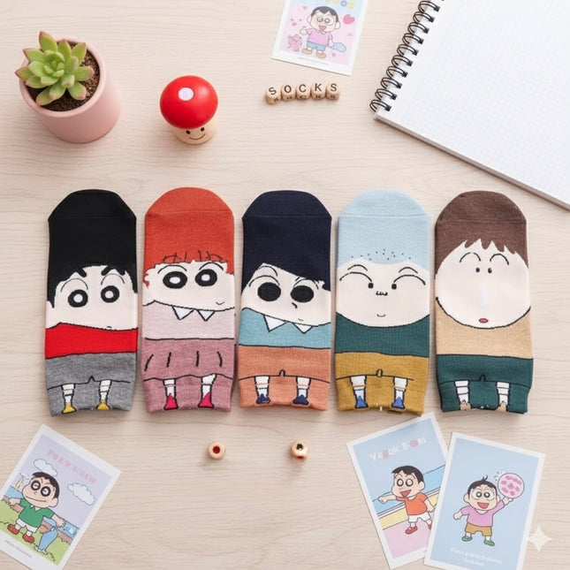 Crayon Shinchan Anime Crew Socks - Action Kamen Design - Soft Cotton - Unisex Adult One Size