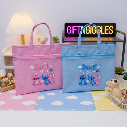 Cute Stitch & Angel Printed Fabric Document Tote Bag with Front Zipper Pocket