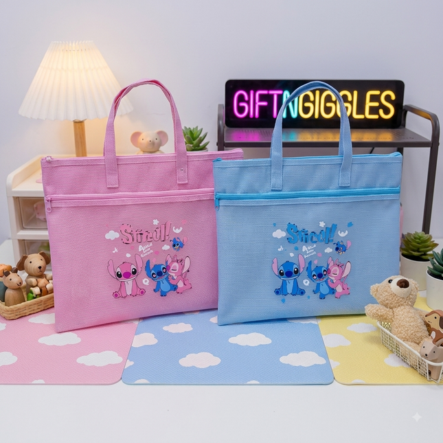 Cute Stitch & Angel Printed Fabric Document Tote Bag with Front Zipper Pocket