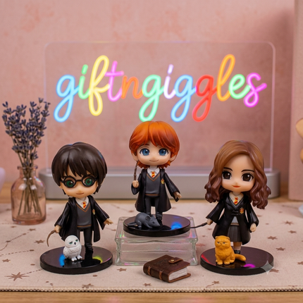 Harry Potter, Ron Weasley & Hermione Granger Mini Figure Set (3-Piece) – 10cm Chibi Action Figures with Pets & Base Stands