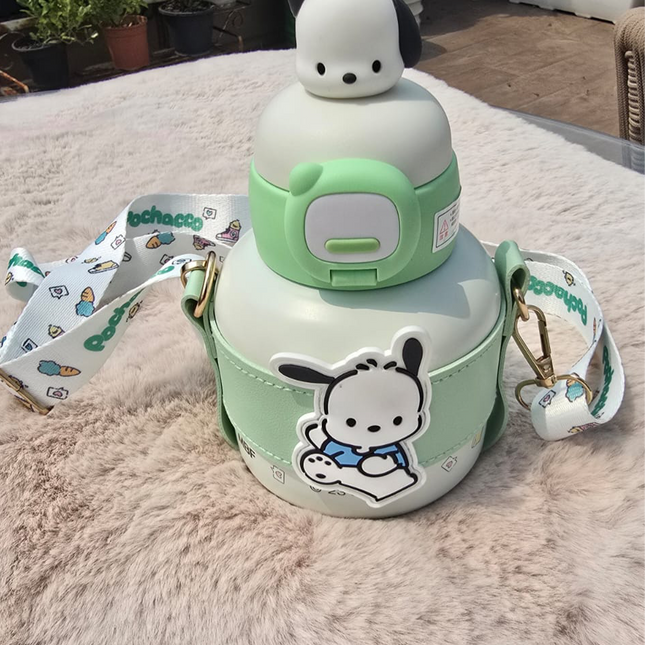 Pochacco Water Bottle with Strap – Sanrio Green Kawaii Drink Bottle with Cover & Handle