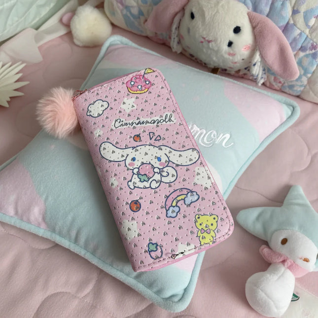 Cinnamoroll Pink Kawaii Wallet with Fluffy Pom Pom Charm