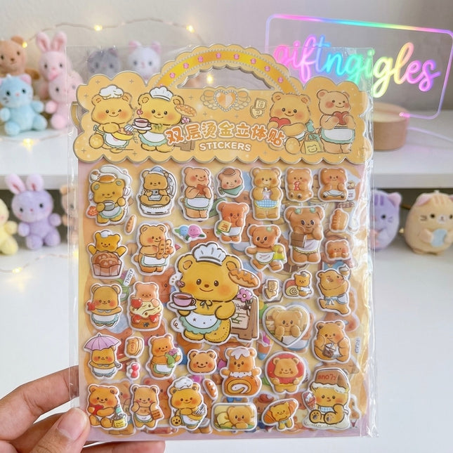 Kawaii Teddy Bear Bakery Theme Double-Layer 3D Puffy Sticker Pack