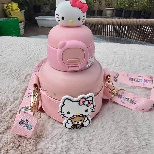 Hello Kitty Water Bottle with Strap – Sanrio Pink Kawaii Drink Bottle with Cover & Handle