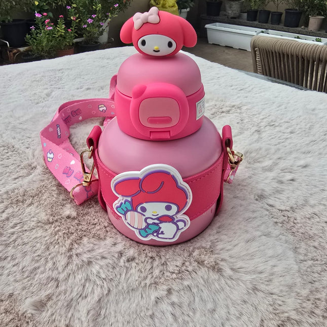 My Melody Water Bottle with Strap – Sanrio Pink Kawaii Drink Bottle with Cover & Handle