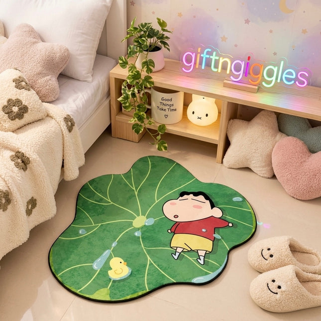 Green leaf-shaped Shinchan floor mat with yellow duck in a bedroom