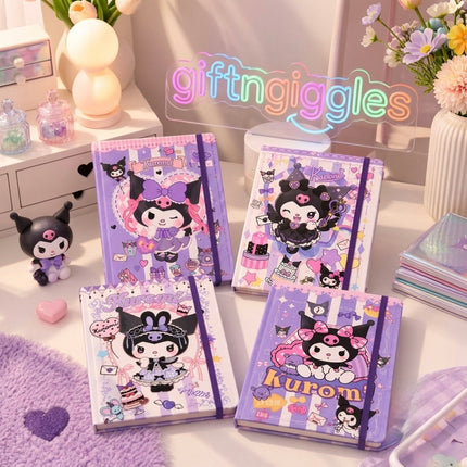 Four purple and pink Kuromi diary notebooks with illustrated covers and elastic bands