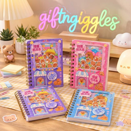 Four capybara spiral notebooks in purple pink and blue with colourful illustrated covers