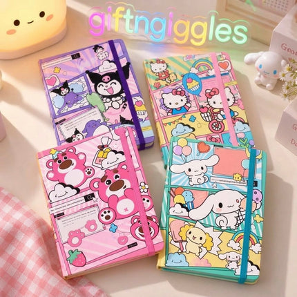 Four illustrated diary notebooks with Kuromi Hello Kitty pink bear and Cinnamoroll cover designs