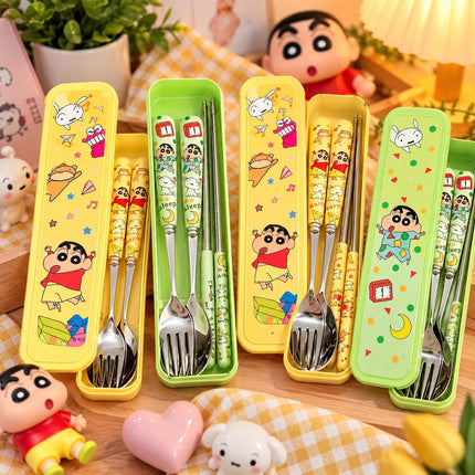 Shinchan-themed spoon, fork and chopsticks in yellow and green cases