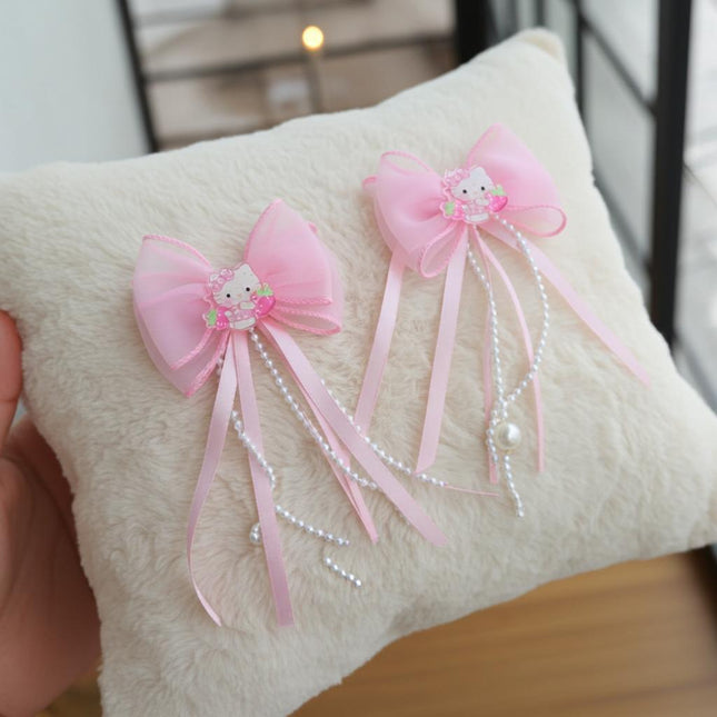 Hello Kitty Pink Bow Hair Clips with Pearls – Cute Ribbon Barrettes for Girls & Women (Set of 2)