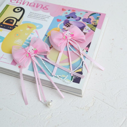 Hello Kitty Pink Bow Hair Clips with Pearls – Cute Ribbon Barrettes for Girls & Women (Set of 2)