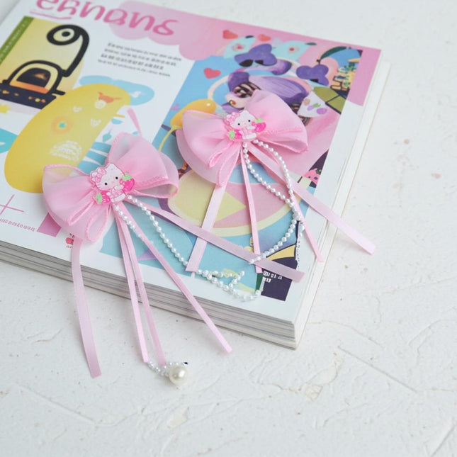 Hello Kitty Pink Bow Hair Clips with Pearls – Cute Ribbon Barrettes for Girls & Women (Set of 2)