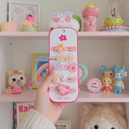 Handmade Kawaii Hair Clips Set – Cute Pink Cartoon & Flower Hair Accessories for Girls