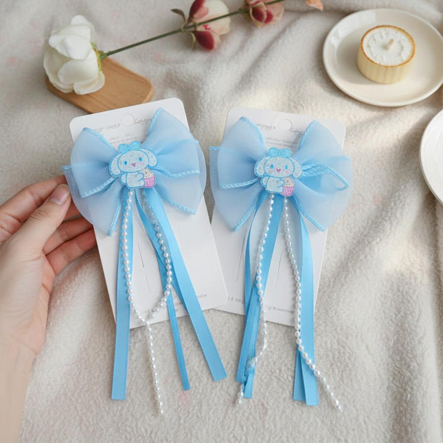 Cute Blue Ribbon Bow Hair Clips with Cartoon & Pearls – Kawaii Hair Accessories for Girls