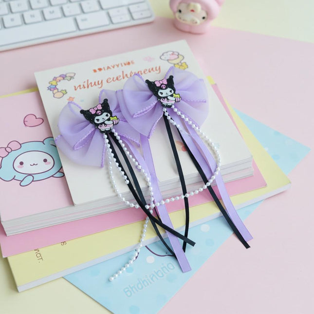 Kawaii Kuromi Bow Hair Clips – Cute Purple Ribbon & Pearl Hair Accessories for Girls (2 Pcs)