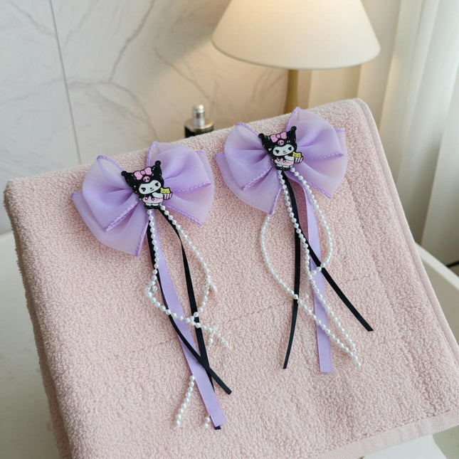 Kawaii Kuromi Bow Hair Clips – Cute Purple Ribbon & Pearl Hair Accessories for Girls (2 Pcs)