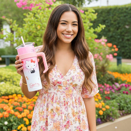 Hello Kitty Tumbler with Handle – Sanrio Travel Mug with Lid (Pink)
