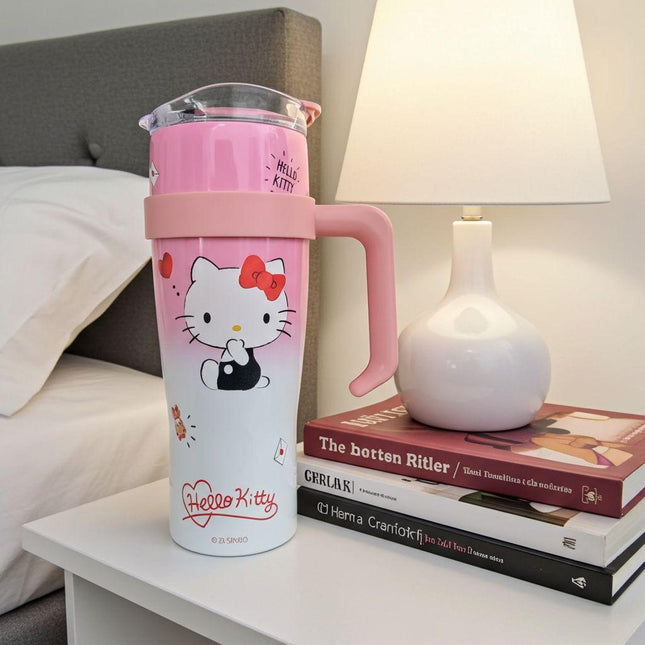 Hello Kitty Tumbler with Handle – Sanrio Travel Mug with Lid (Pink)