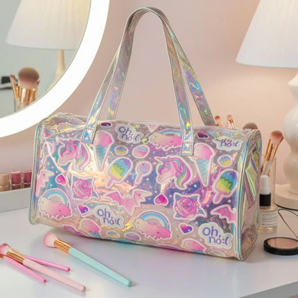 Kawaii Holographic Unicorn Kids Duffle Bag – Pastel Sticker Design Travel & School Bag