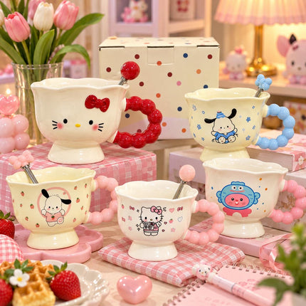 Several cream-coloured Sanrio character footed cups with red blue and pink bead-style handles