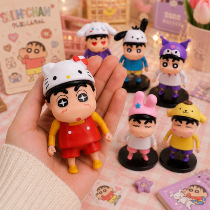 Six Sanrio-themed Shinchan figurine designs displayed on round black bases