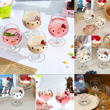 Clear Hello Kitty stemmed drinking glass with red bow and whisker face filled with a creamy drink