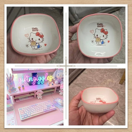 Collage of Hello Kitty bowl views showing the rounded square shape and pink rim