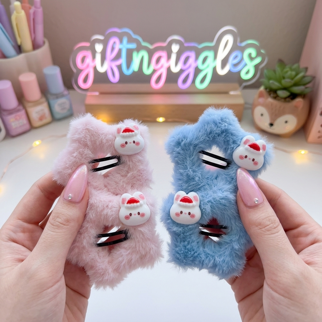 Kawaii Fluffy Hair Clips with Bunny Charm