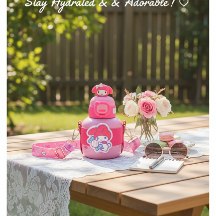 My Melody Water Bottle with Strap – Sanrio Pink Kawaii Drink Bottle with Cover & Handle