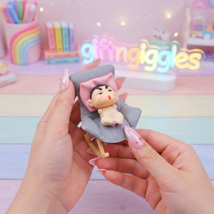 ✨👶 Crayon Shinchan Baby Nap Time Figurine on Rocking Chair - Cute Anime Collectible (Sold Individually) 🧸💤
